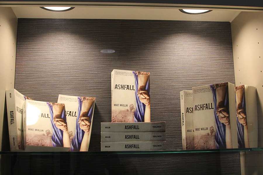 Michael Mullins books on display in the library, April 13.