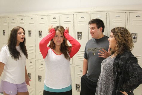 Photo illustration: Lauren Dell (left), Jon Hoeflinger, and Kendra Coughlin (right) act out the stress from the pressure of others 