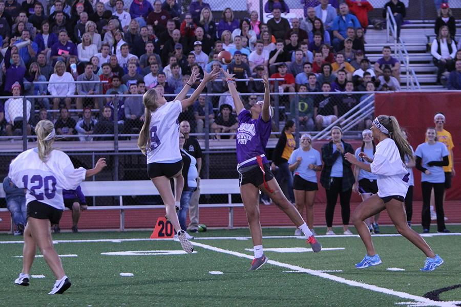 Ellie Fagan (12) gets an interception during the powder puff game on Oct. 1. 