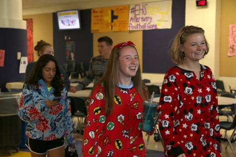 Students laughing after lunch during Pajama Day, Oct. 1.
