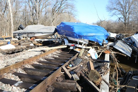 Boats block the railroad tracks after the historic flood, Jan. 1, 2016