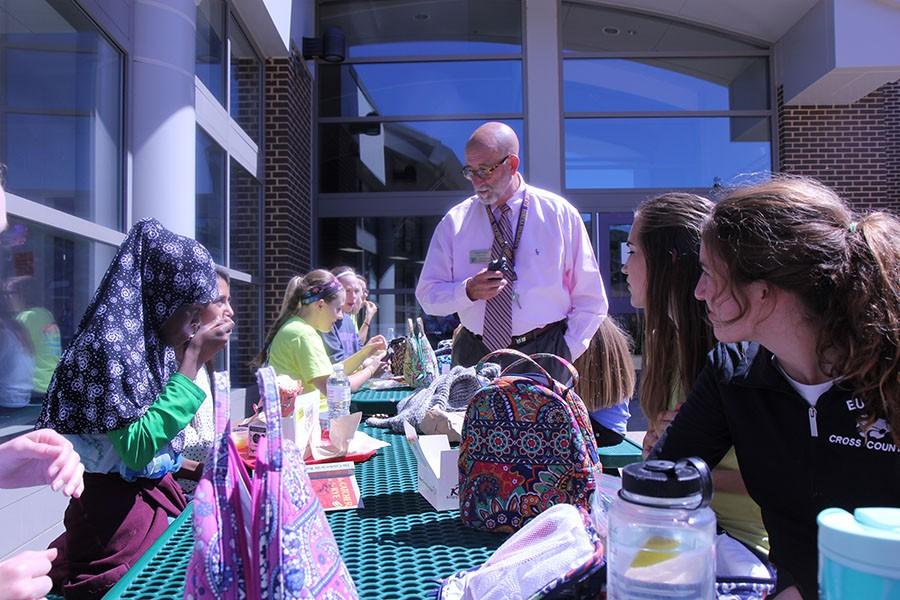 Mr. Charles Crouther interacting with students at lunch, Aug. 25.