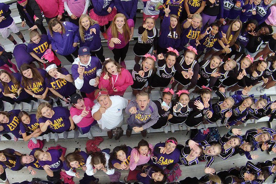 Catpound cheers before the varsity football game against Marquette, Oct. 2, 2015.  This shot was one of our first experiments with a drone. We borrowed Ted Cocos and convinced our adviser Mrs. Elisha Strecker to buy one for Digital Media Production.