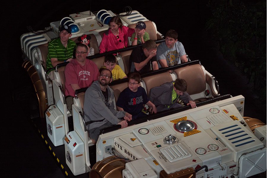 On the Dinosaur ride in the Animal Kingdom, my dad, Mike Weaver, and my brother, Joey Weaver, look up in horror at the impending attack by a Tyrannosaurus Rex, March 18, 2014. While Jack Weaver and Ryan Giesing (12) hide their faces, I stare up at the creature with my hands firmly clenched on the handle bars in front of me.