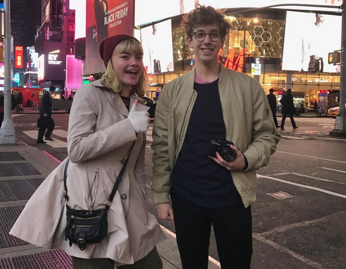 Krey and Crane stand in Times Square to pose for a picture, Nov. 17.