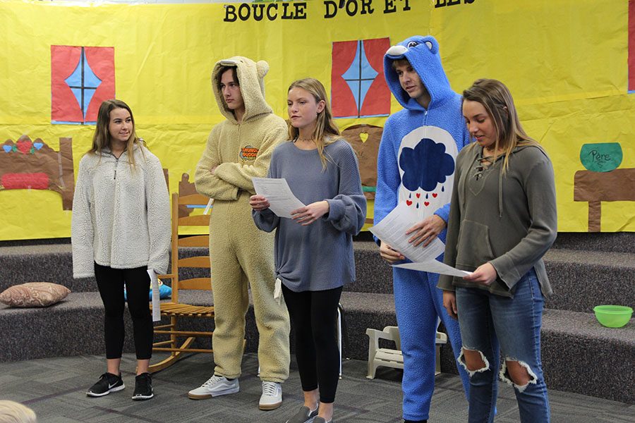 Gwen Kulik (11), Briggs Zaun (11), Mackenzie Burnett (11), Tyler Conley (12) and Hannah Mellor (11) read the lines of their French play at Blevins Elementary, Jan. 29.