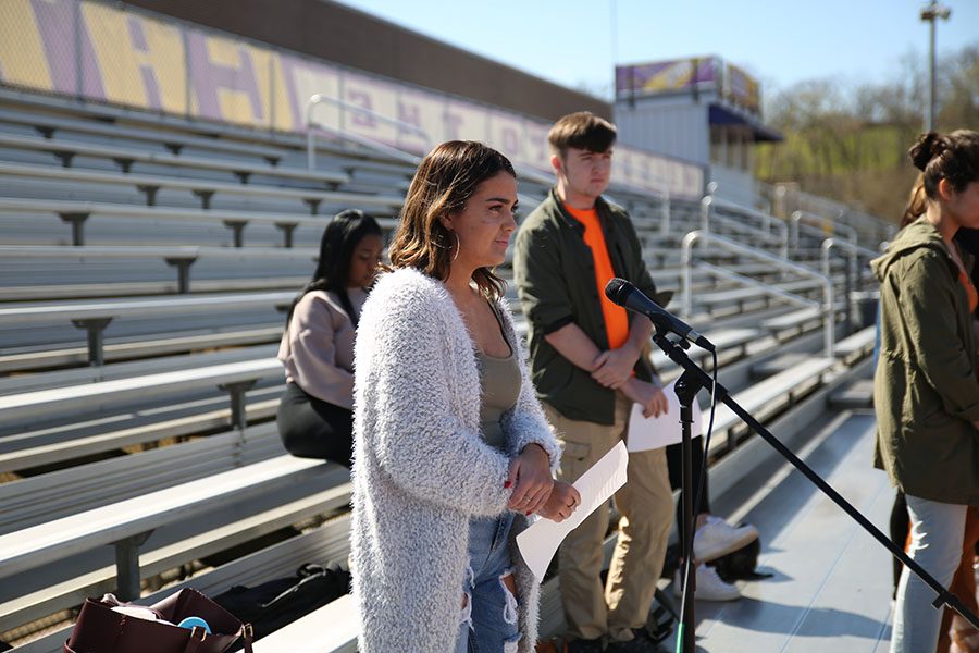 Grace Eickel, organizer, delivers a speech during the EHS walkout, April 20.