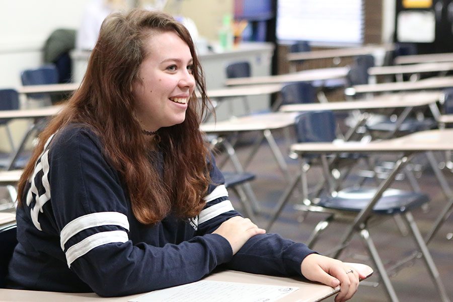 New club beginning, Sarah Sheehy (12) listens in on Literature Club’s first meeting, Jan. 15. “I am actually not in Literature Club. I don’t have time,” Sheehy said. “I only went for a little to support my friend, Tony DiCampo. We played mad-libs and that was fun. We also played a game where we wrote a story based on a theme and then we passed it onto the next person so they continued that. It was fun. It sounds like a fun club, but with theatre everyday, it’s hard to make time for this every week.”