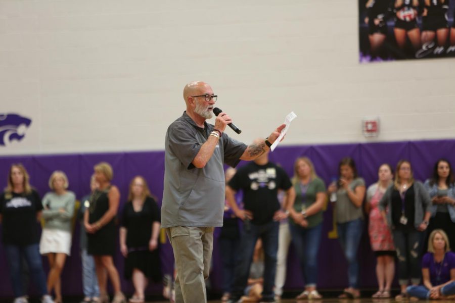 Principal Charlie Crouther addresses EHS during an assembly, Sept. 6. 