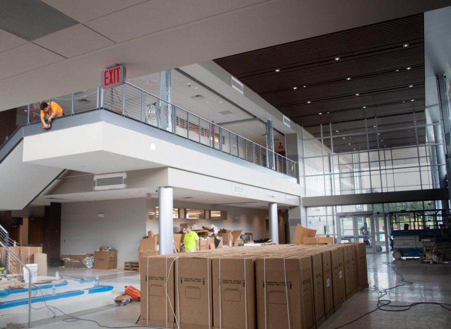 Construction comes to an end in the main entrance of the STEM building, August 11. 