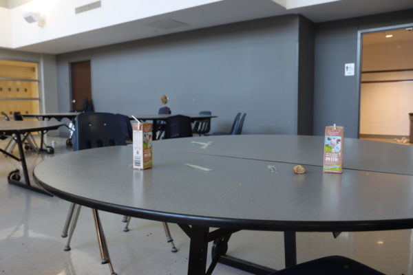 Trash is left on a table in Eurekas cafeteria after lunch. Photo by Claire Rickles.