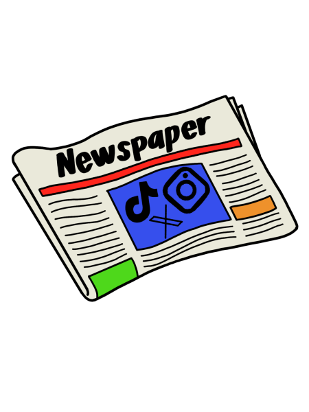 Drawing of a newspaper, instead of news the paper contains popular social media apps. 