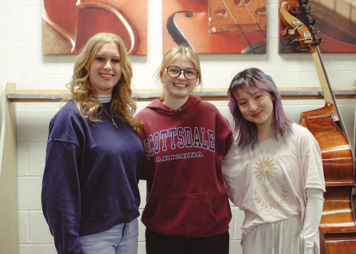  President Josie Schmitt (12), Vice President Gabby Ely (9) and Social Manager Nicole Li (11) stand together following their first official meeting at Eureka High School on Thursday, Jan. 22. The executive board gathered to outline the club’s primary goals for the semester.